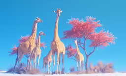 five giraffes with pink leaves in a field