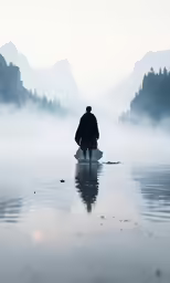 a person on a surfboard in some fog and water