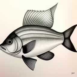 a drawing of a fish that looks like an animal,a large fish on a white background is depicted