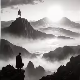 a person standing at the top of a mountain looking out at the clouds