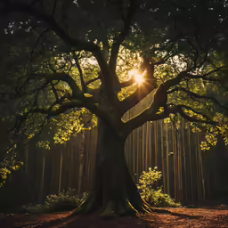 a tree sits in a clearing with the sun shining through the trees