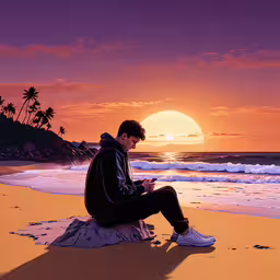 a young man sitting on the beach at sunset looking at his cell phone,a man sitting on the sand and looking at his cell phone