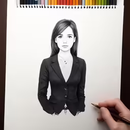 a drawing of a woman standing in front of colored pencils