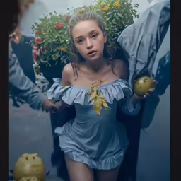 a woman in a dress holding some fruit