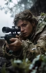 a female soldier aiming an amoe rifle at something in the air