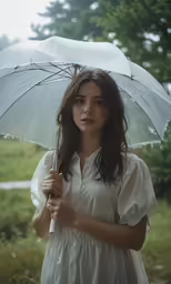 a girl holding an umbrella on the grass