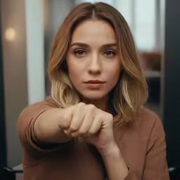 a woman standing next to a window holding her fist up