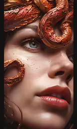 a woman with snake like makeup stares straight ahead