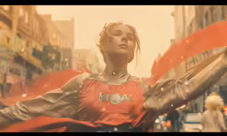 there is a woman in a red cape walking down the street