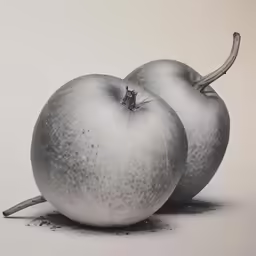 two silver apples are placed side by side on a grey background