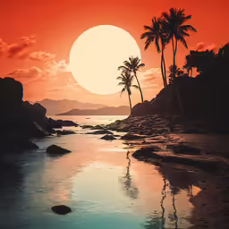 a tropical sunset in the water with palm trees
