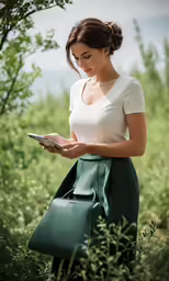 a woman wearing a skirt while using her phone
