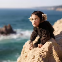 a small girl with a black and white outfit on sits on the rock
