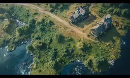 an aerial view of two homes in a lake and land