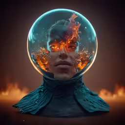 a man is shown with fire and flames coming out of his face