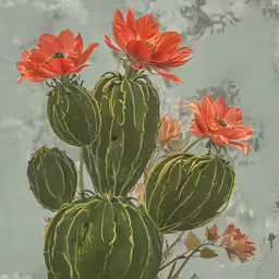 the painting shows many flowers on the top of a cactus