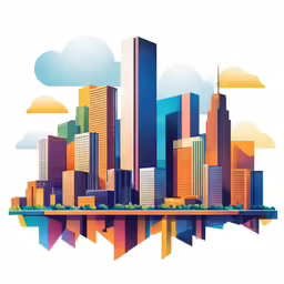 a city in a blue, yellow, orange and red sky