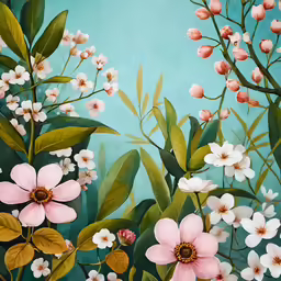 painting of pink flowers and leaves against a blue background