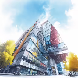 the exterior of a very tall glass building