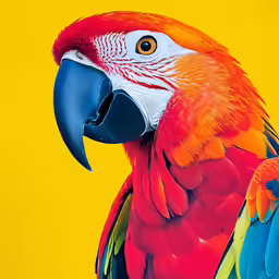 a brightly colored bird perched on top of a yellow wall