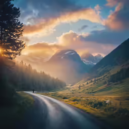 a person is standing in the middle of a road, as the sun sets