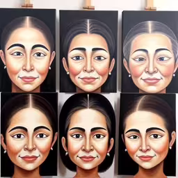 eight portraits of the same female wearing different hairs,various portraits of a woman hanging on a wall,a drawing of four identical women on each side of a portrait,a series of nine pictures showing different faces of women,a series of portraits depicting a woman with different skin type
