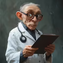an old doctor with a stethoscope examining a paper