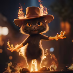 a cat with a hat and fire is standing on a stage