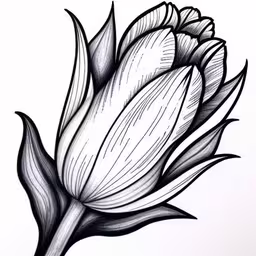 black and white drawing of a flower with leaves