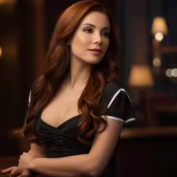 a beautiful woman with red hair standing up
