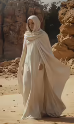 a woman in an off white flowing gown walks through the sand