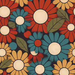 a bunch of colorful flowers with big white circles on them