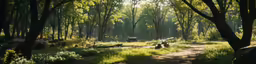 a painting of trees and grass on a dirt road