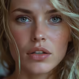 a blonde woman has light blue eyes and a frecky face