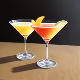two martini glasses filled with colorful liquid