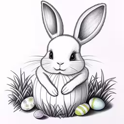 a drawing of a bunny sitting next to some eggs,a bunny is sitting in grass with eggs