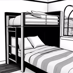a cartoon of a bunk bed with a desk and chair
