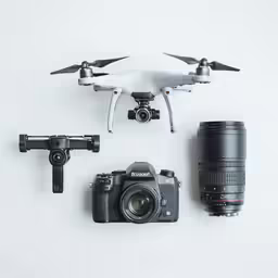 the camera is on the table beside the small white quadcopter with black propellers