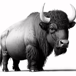 an animal with very large horns is standing