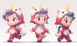 a series of four animation images of an unicorn outfit with a unicorn head