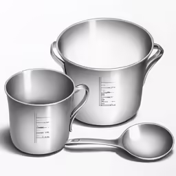 three metal mixing bowls and spoons on top of a white surface