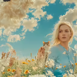 a blonde woman holding a small kitten in the sun
