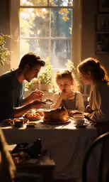 a little girl sitting in front of a table next to a man