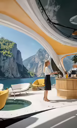 a woman standing in the open air next to a bar and mountain