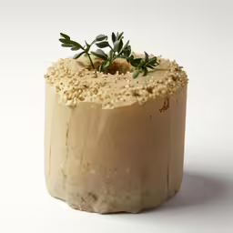 a dessert made out of desert cake topped with green leaf