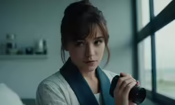a woman looking down at the camera, wearing a blue scarf