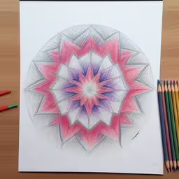 drawing on paper with colored pencils, and colorful flowers,drawing with colored pencils on top of it