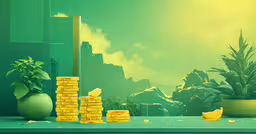 an image of a green and yellow room with stacks of money,a set of coins sitting on top of a shelf next to plants