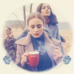 there is a woman holding a mug and a cigarette