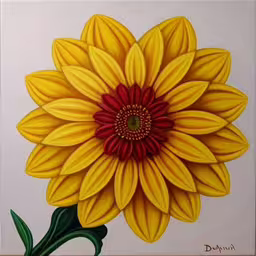 a close up of a flower on a white wall,a yellow and red flower on a white wall,this is a painting of a yellow flower,there is a painting of a large yellow flower,a painting of a yellow flower with red stamen
